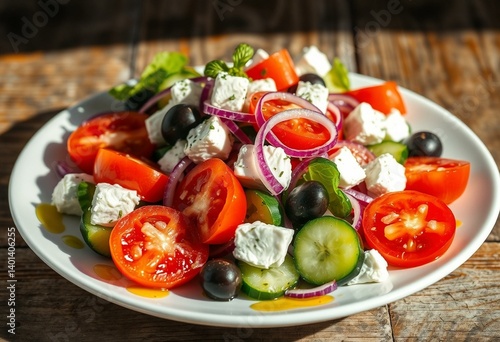 Greek salad on a rustic wooden background