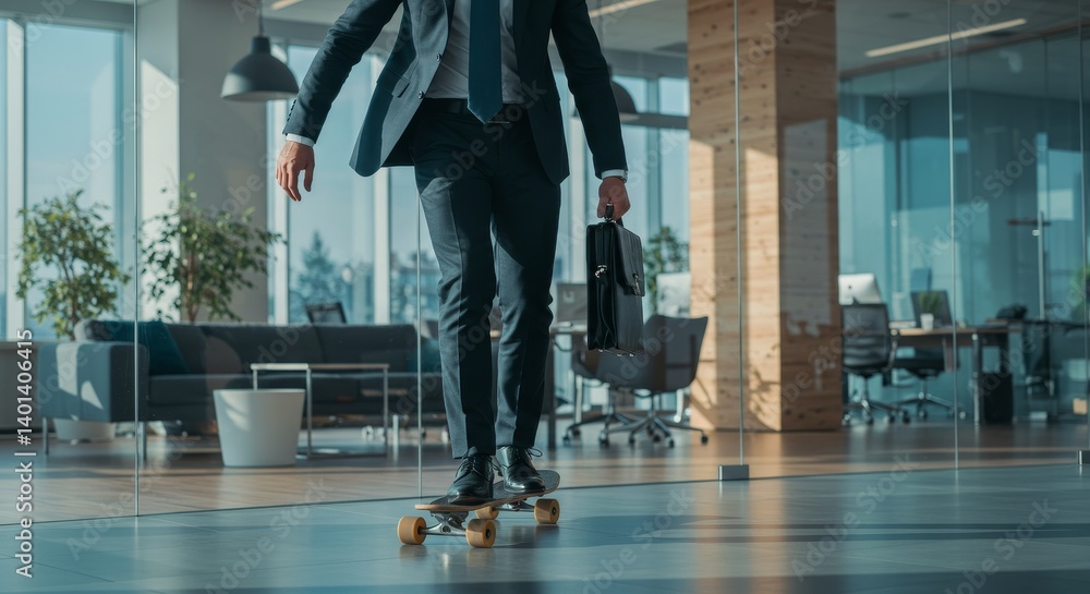 Obraz premium Businessman in formal attire skating on a skateboard in a modern office, exuding confidence and energy while carrying a briefcase