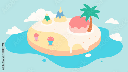 Ice Cream Oasis A whimsical oasis featuring a sparkling lagoon made of liquid vanilla ice cream surrounded by lush marshmallowlike palm trees. Relaxed visitors lounge on fluffy