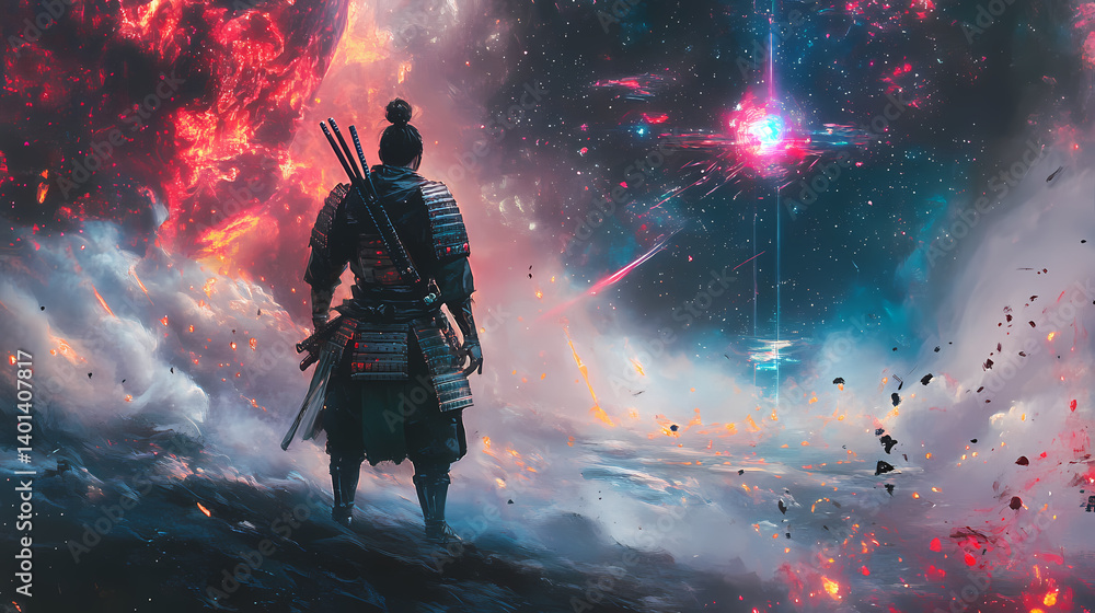 Samurai exploring a nebula via virtual reality embarking on cosmic quests with ancient honor and futuristic vision. Quasar Blade. Illustration Samurai exploring a nebula via virtual reality embarking on cosmic quests with ancient honor and futuristic vision. Quasar Blade. Illustration