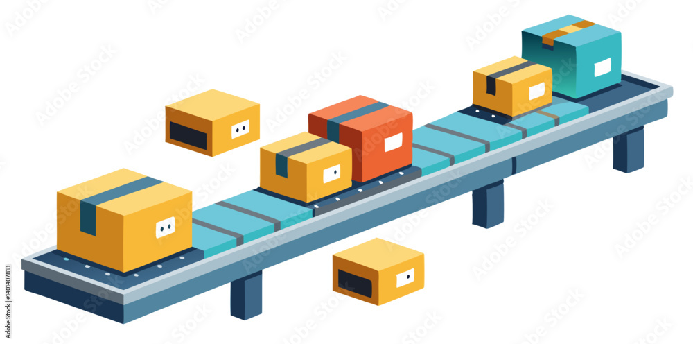 Fototapeta premium Vector of a conveyor belt with boxes moving through automated machines, isolated on white background. 