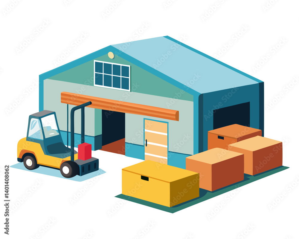Vector illustration of a warehouse with loading dock, pallets, and forklift, isolated on white background.
Vector illustration of a warehouse with loading dock, pallets, and forklift, isolated on white background.