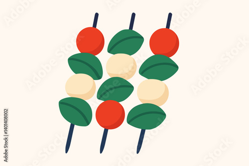Caprese skewers with tomatoes, mozzarella, and basil on sticks in a minimal style  