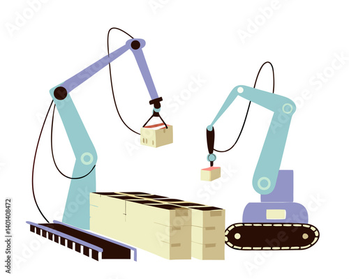 Vector of boxes being packaged by robotic arms on a production line, isolated on white background.
