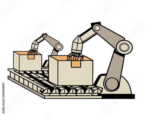 Vector of boxes being packaged by robotic arms on a production line, isolated on white background.
