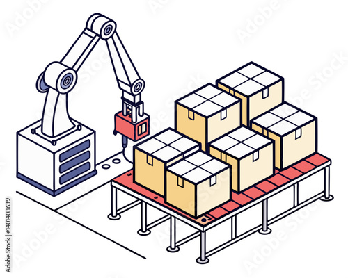 Vector of boxes being packaged by robotic arms on a production line, isolated on white background.
