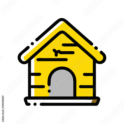 Dog house icon in bright yellow design, cozy shelter for pets, copy space