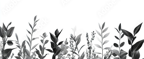 Monochrome botanical border of various plant leaves and stems.