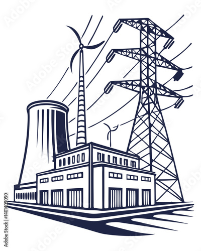 Vector illustration of a power plant with turbines and power lines, isolated on white background.
