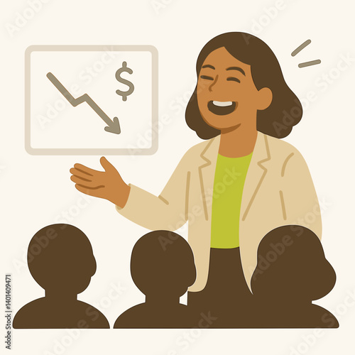 Businesswoman presenting financial analysis with humor in a classroom  