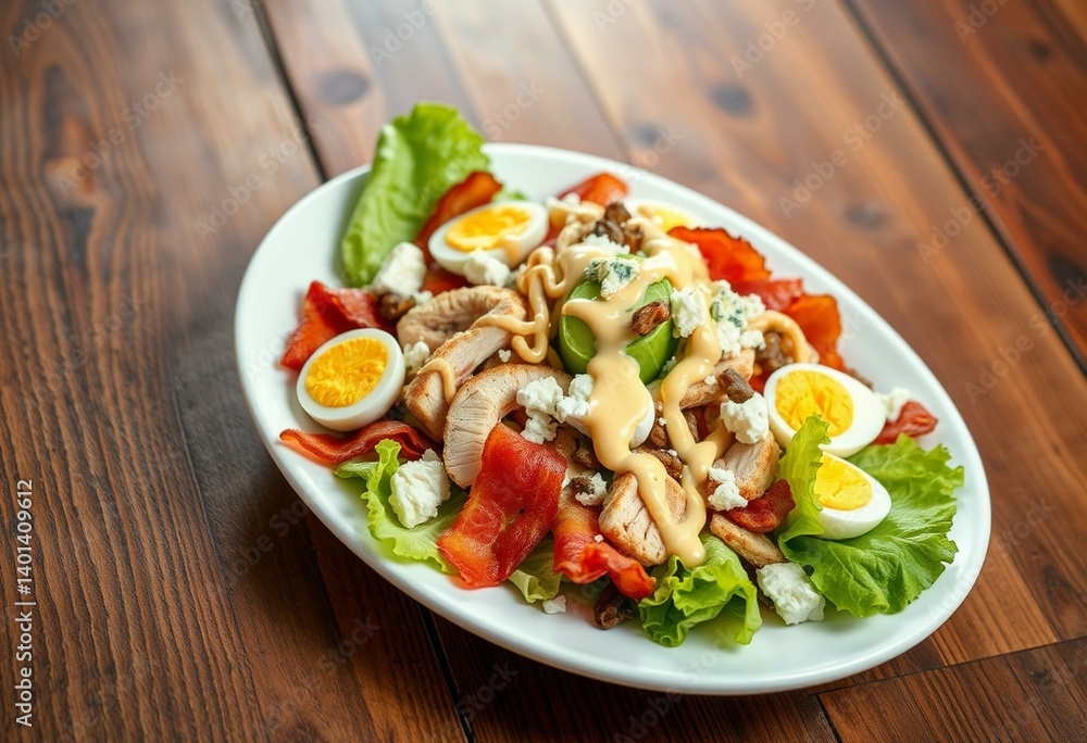 Rustic wooden table, white plate, crispy bacon, juicy chicken, hard-boiled eggs, crumbled blue cheese, fresh lettuce, zigzag pattern Rustic wooden table, white plate, crispy bacon, juicy chicken, hard-boiled eggs, crumbled blue cheese, fresh lettuce, zigzag pattern