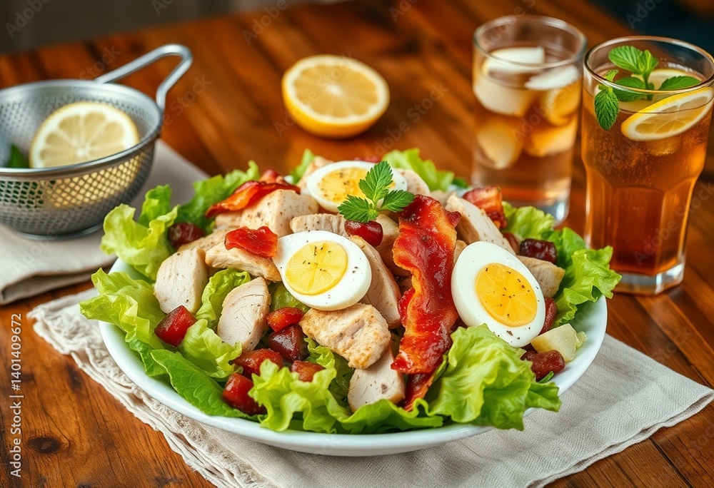 Delicious Cobb Salad on a warm wooden table Delicious Cobb Salad on a warm wooden table