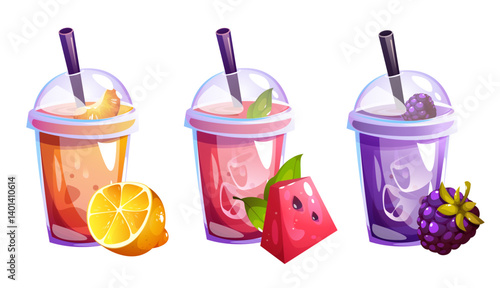 Smoothie glass of fruit and berries smoothies and slised natural fruits. Cartoon vector illustration set. Fresh drink diet