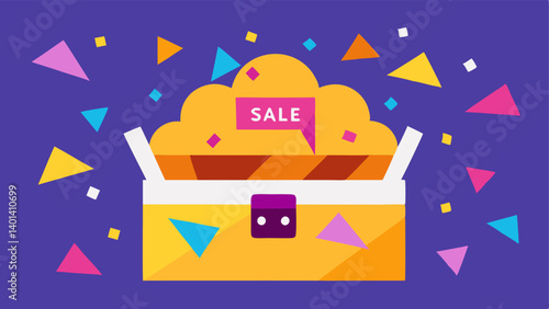 Surprise Savings A medley of triangular and circular confetti erupts from above revealing a treasure chest overflowing with sale items each featuring bright discount labels.