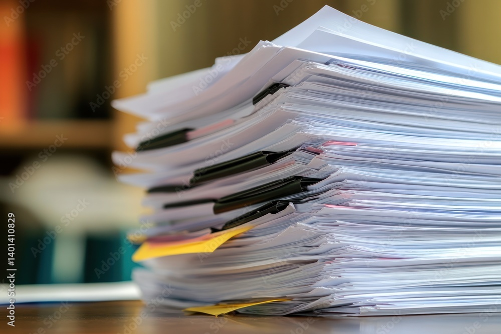 A stack of business report papers on a desk, symbolizing organization and professionalism, perfect for a business concept backdrop A stack of business report papers on a desk, symbolizing organization and professionalism, perfect for a business concept backdrop