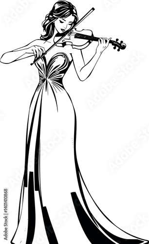 Outline violinist in elegant dress. Monochrome vector illustration of a classical musician.