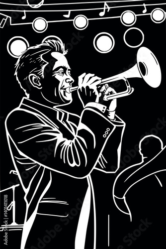 Outline trumpeter performing. Jazz musician playing trumpet in monochrome vector line art.