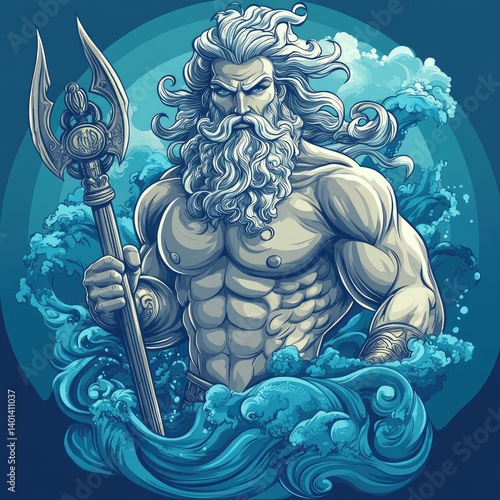 Powerful Poseidon, god of the sea, wielding his trident.