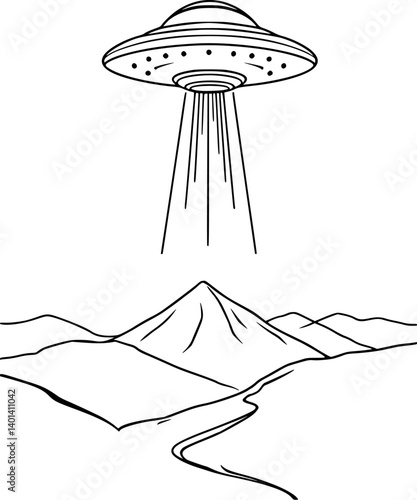 Minimalist UFO outline. Vector illustration of a spaceship hovering with a light beam.