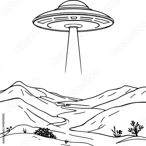 Minimalist UFO outline. Vector illustration of a spaceship hovering with a light beam.