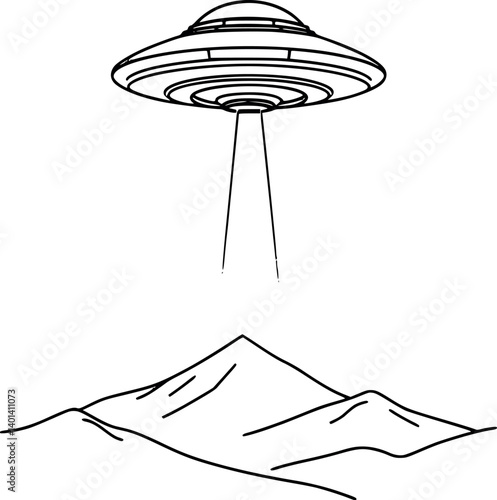 Minimalist UFO outline. Vector illustration of a spaceship hovering with a light beam.