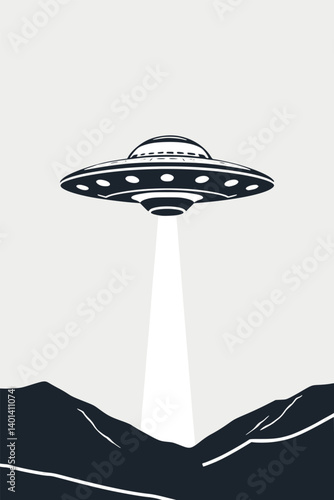 Minimalist UFO outline. Vector illustration of a spaceship hovering with a light beam.