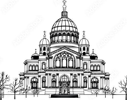 Outline Saint Sophia Cathedral Kyiv. Vector historical Ukrainian landmark in line art style.