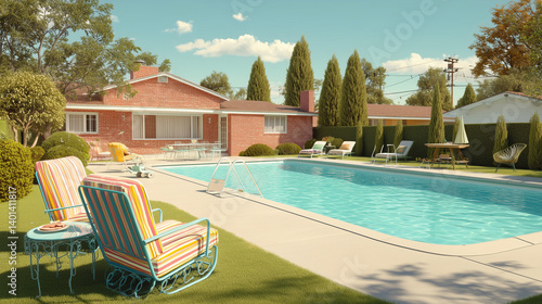 Extérieur d'une maison américaine des années 1970 avec piscine rétro et jardin d'été