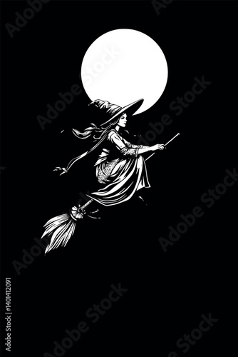 Engraved witch vector illustration. Vintage monochrome etching of a sorceress in flight.