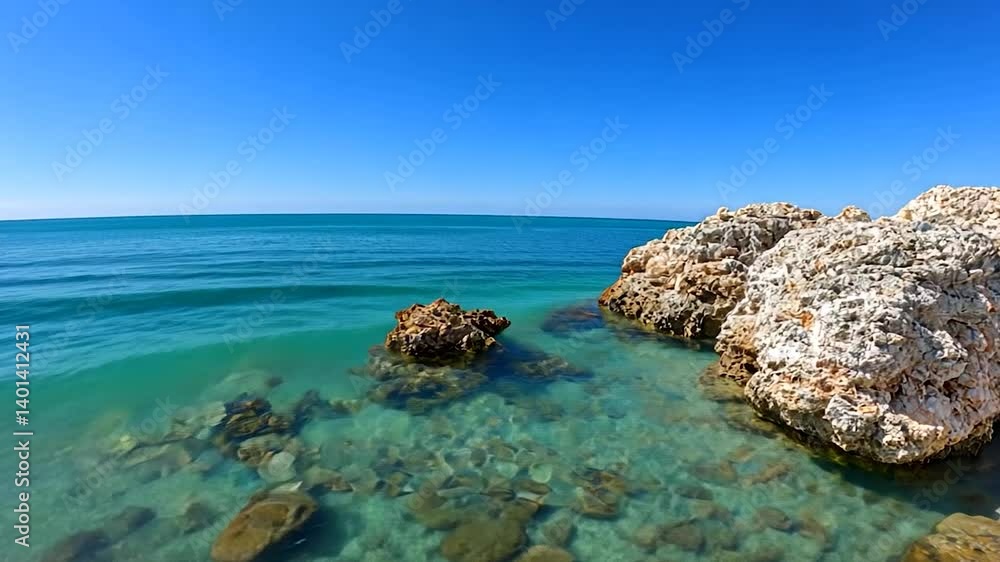 Serene coastal view with clear turquoise waters, rocky formations, and bright blue sky Serene coastal view with clear turquoise waters, rocky formations, and bright blue sky