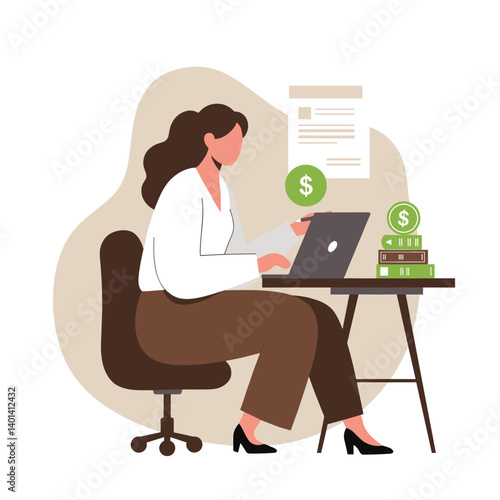 Female finance analyst working on a laptop with money symbols  