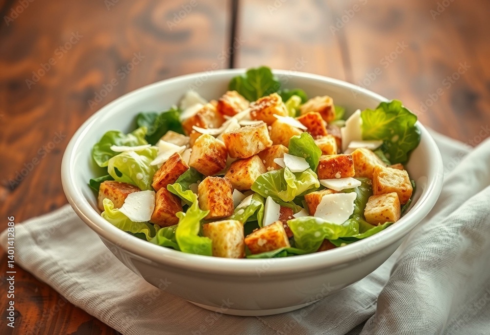 Delicious Caesar Salad with crispy romaine lettuce, croutons, and shaved parmesan cheese Delicious Caesar Salad with crispy romaine lettuce, croutons, and shaved parmesan cheese