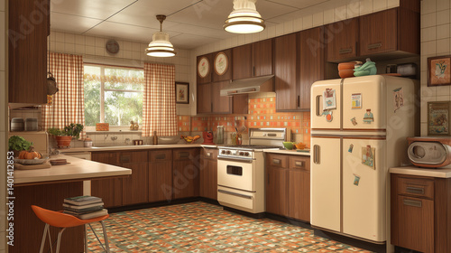 Wallpaper Mural Cuisine américaine rétro des années 1970 avec électroménager vintage et carrelage coloré Torontodigital.ca