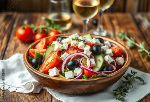 Fresh Greek Salad with feta and olives on wooden table