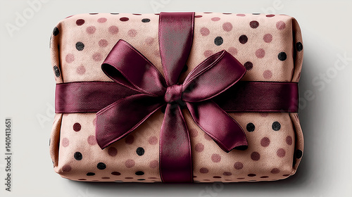 394. White gift box with pink polka dots and magenta ribbon on transparent background