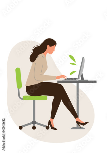 Businesswoman typing quickly at desk with green elements  