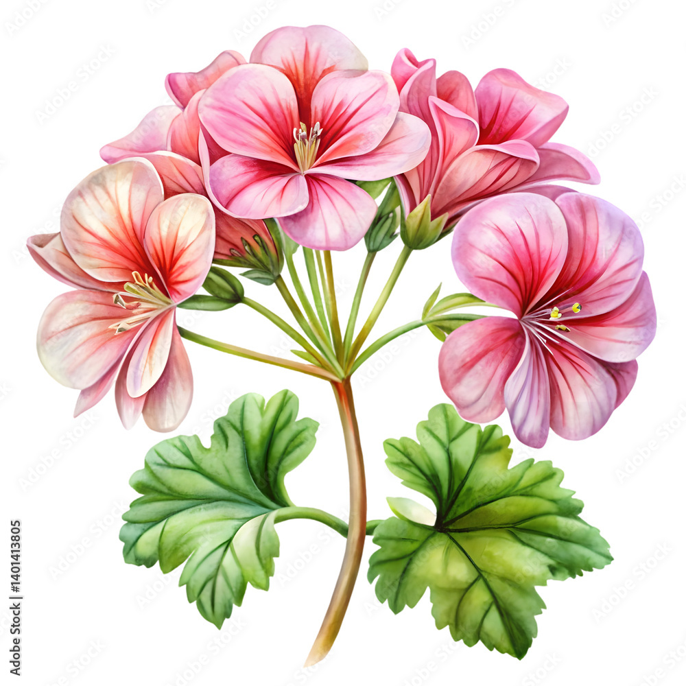 Obraz premium Geranium Petals on White Background Watercolor Art