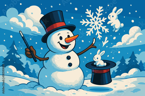 Snowman performing magic tricks in a snowy winter landscape  