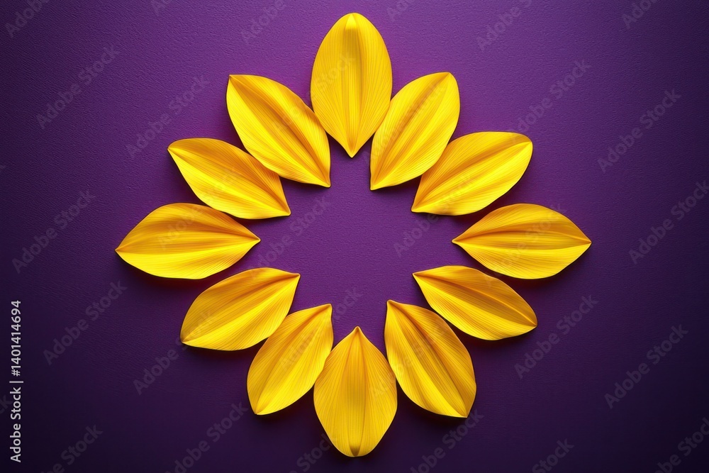 Geometric floral composition using bright yellow sunflower petals arranged in a symmetrical diamond shape, isolated on a deep purple background. Geometric floral composition using bright yellow sunflower petals arranged in a symmetrical diamond shape, isolated on a deep purple background.