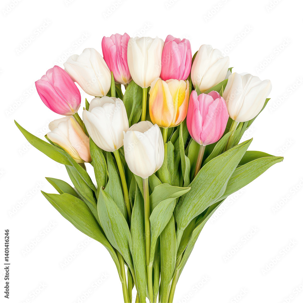 Fototapeta premium Vibrant Tulip Bouquet: A delightful arrangement of colorful tulips, bursting with fresh petals and lush green leaves, evokes springtime's beauty and joy.