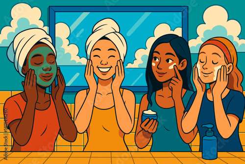 Multiethnic women enjoying skincare routine in bright bathroom  