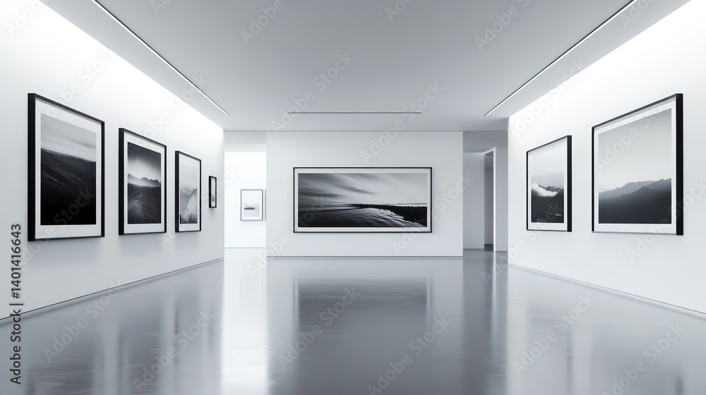 White gallery corridor monochrome art display White gallery corridor monochrome art display