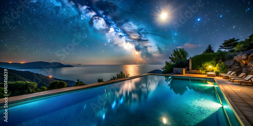 Moonlit infinity pool glowing under the stars