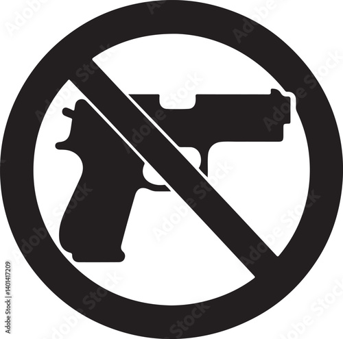 This image shows a black and white icon representing a no gun symbol, with a pistol crossed out suggesting an environment free of weapons Great for infographics and safety communications.