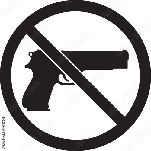 This image shows a black and white icon representing a no gun symbol, with a pistol crossed out suggesting an environment free of weapons Great for infographics and safety communications.