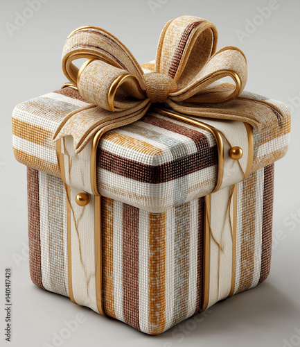 Elegant gift box with gold ribbon and brown striped wrapping on transparent background