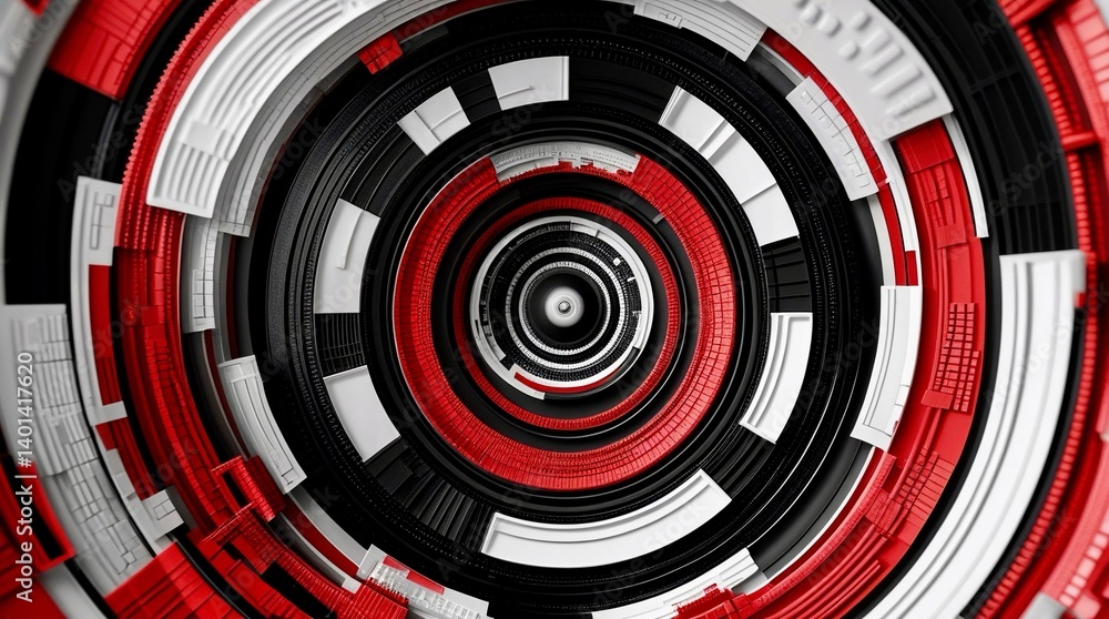Abstract geometric design with concentric red, white, and black circles.
Abstract geometric design with concentric red, white, and black circles.