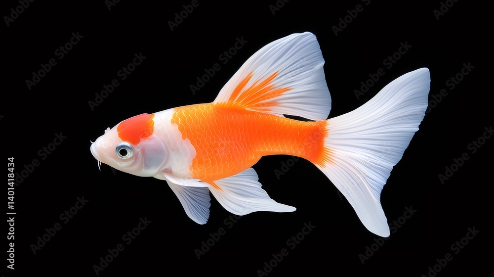 黒背景に分離されたオレンジと白の金魚の側面ビュー 黒背景に分離されたオレンジと白の金魚の側面ビュー