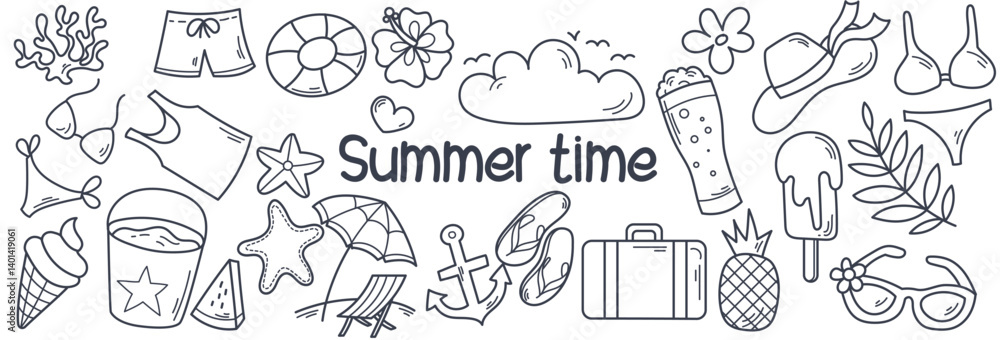Summer time set hand drawn, doodle vector, tropical ocean collection paradise vacation beach Summer time set hand drawn, doodle vector, tropical ocean collection paradise vacation beach