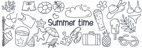 Summer time set hand drawn, doodle vector,  tropical ocean collection paradise vacation beach